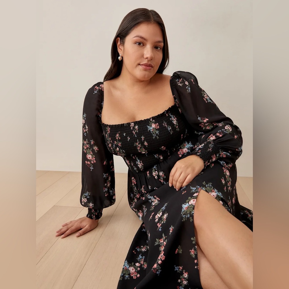 Reformation cello dress, Black Floral Long Sleeve Dress, 1X